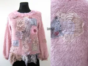 Pink Knit Sweater,S/M Boho Style Upcycled Clothing for Women