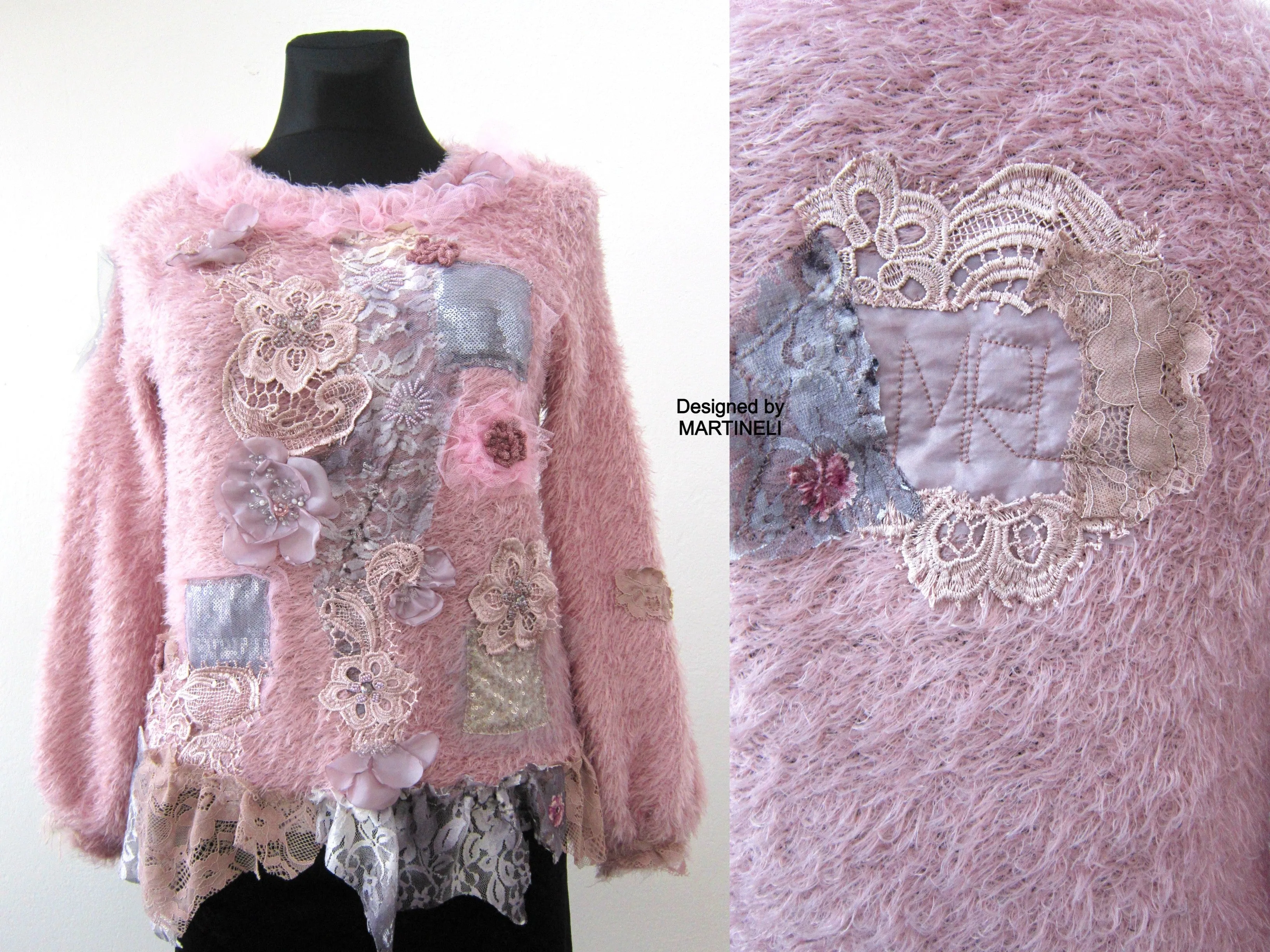 Pink Knit Sweater,S/M Boho Style Upcycled Clothing for Women