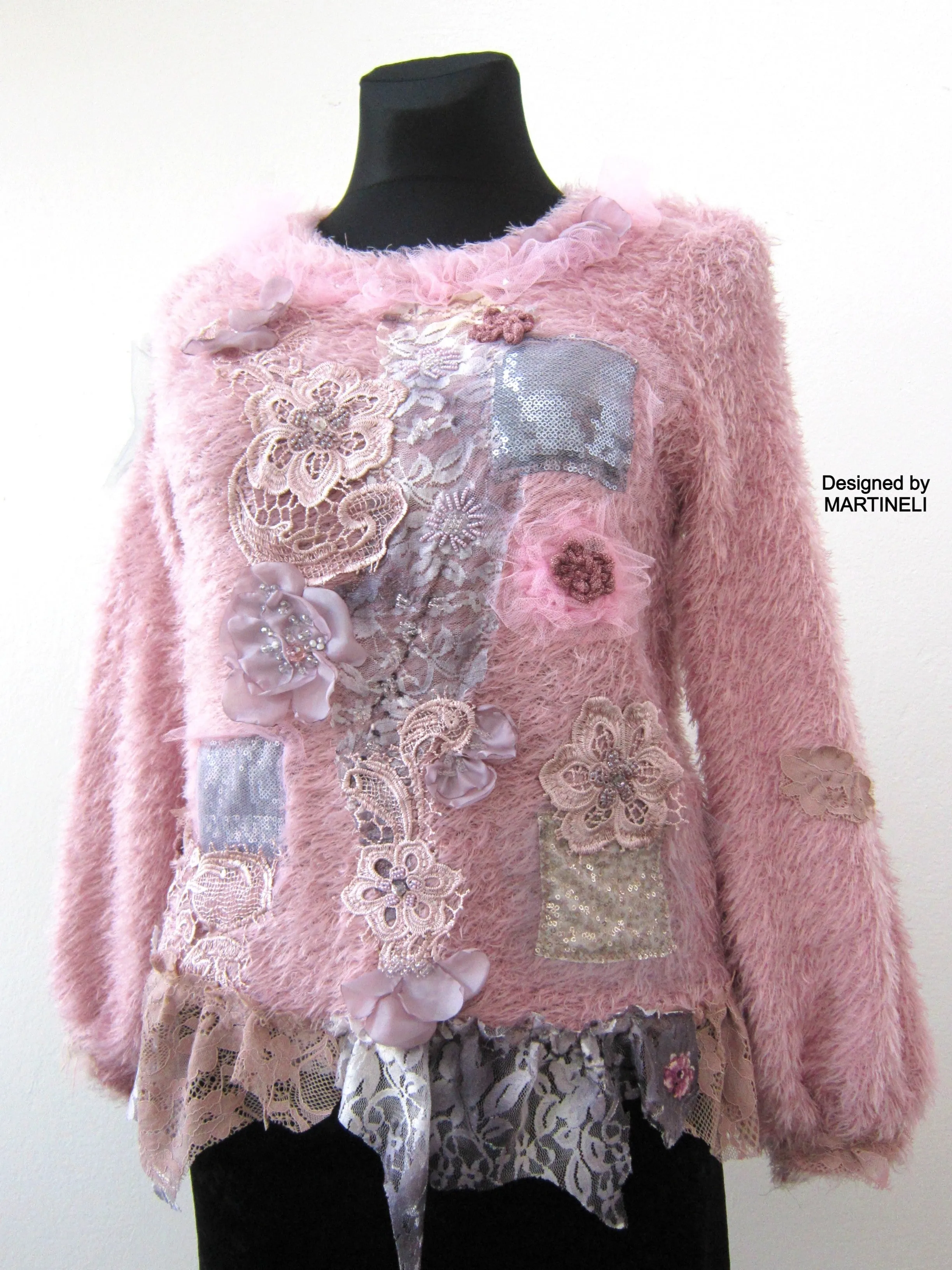 Pink Knit Sweater,S/M Boho Style Upcycled Clothing for Women