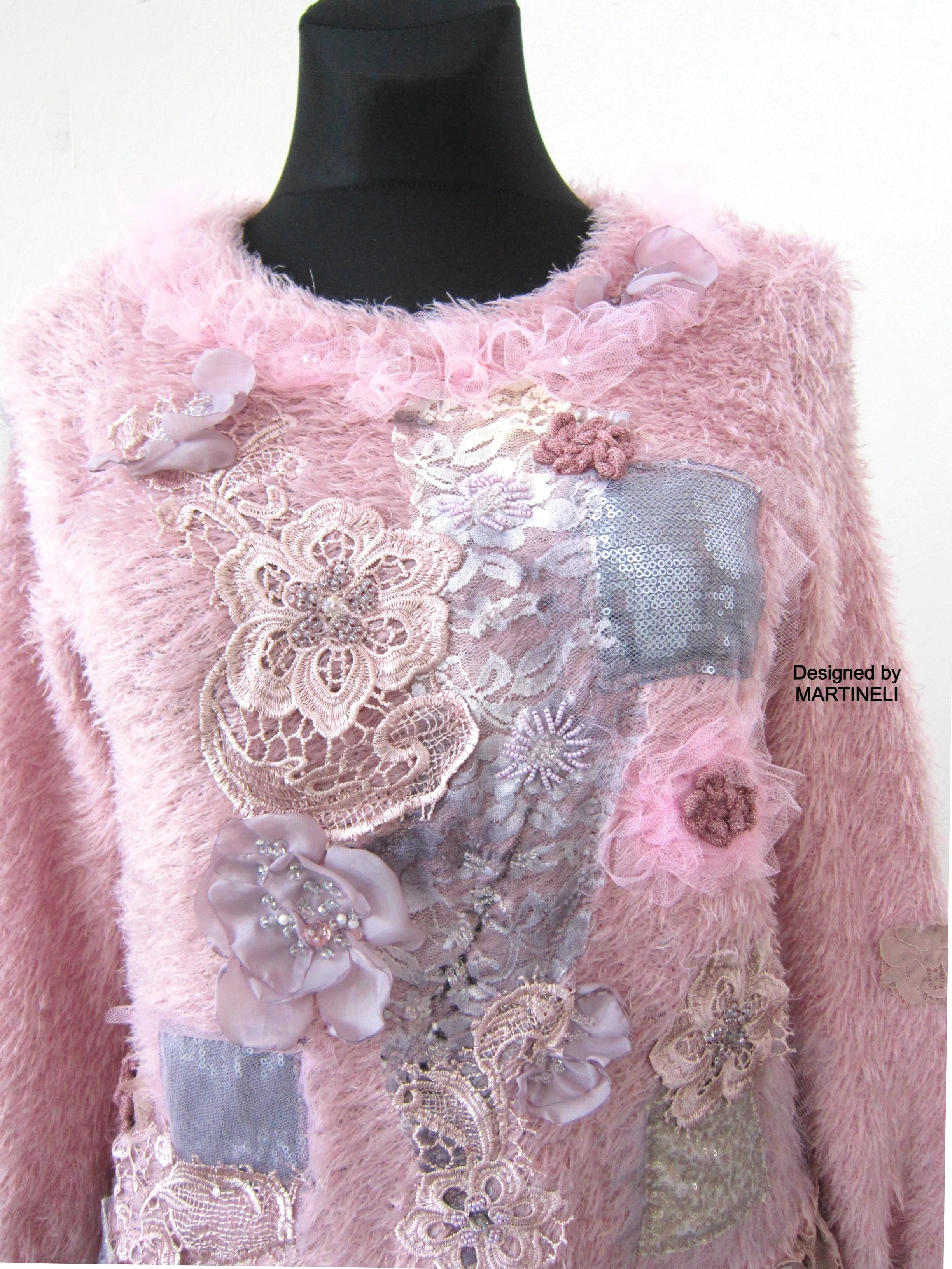 Pink Knit Sweater,S/M Boho Style Upcycled Clothing for Women