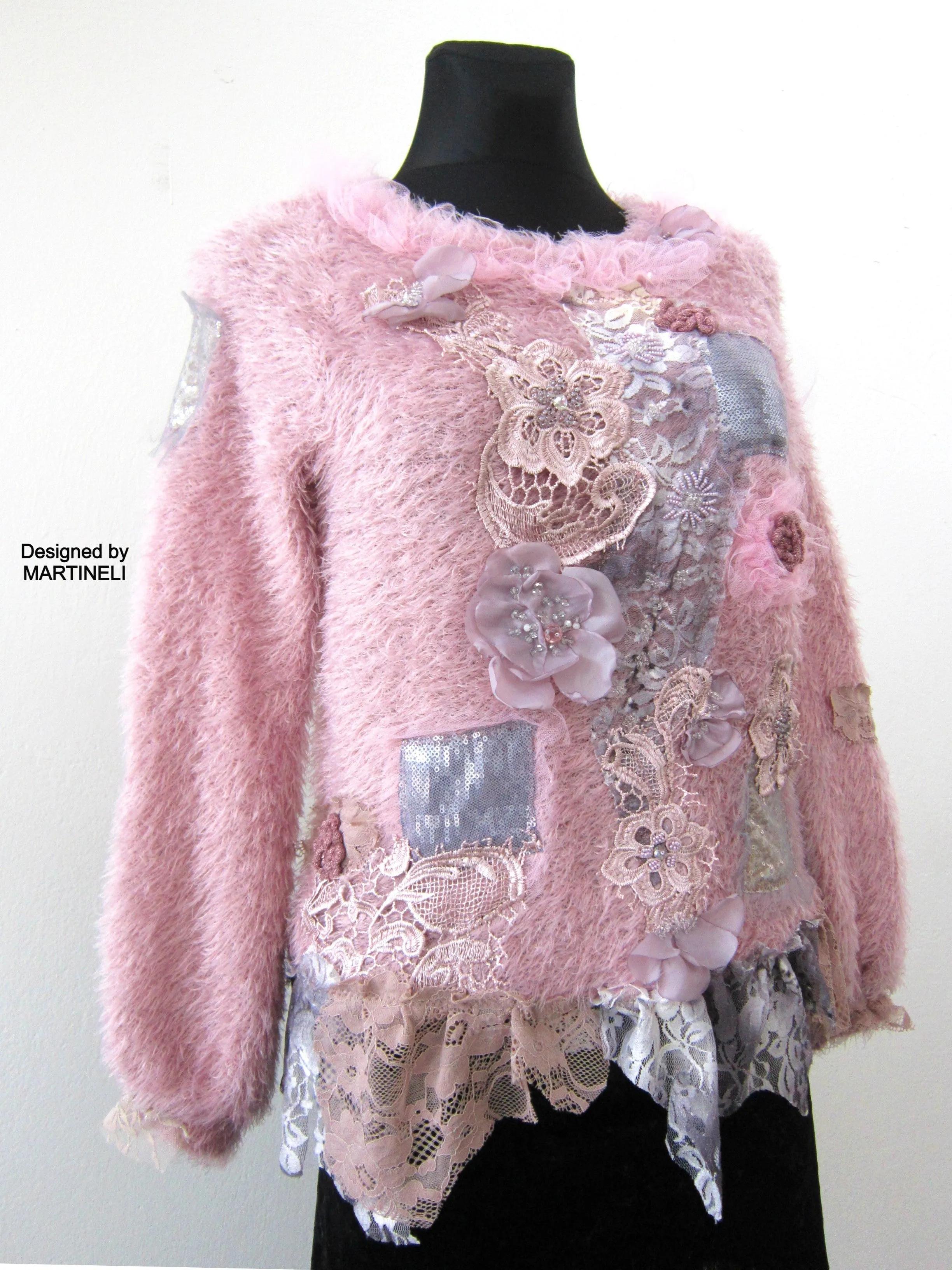 Pink Knit Sweater,S/M Boho Style Upcycled Clothing for Women