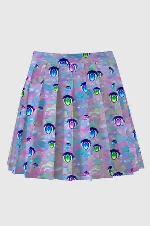 Plus Anime Eye Pattern Pleated Skirt