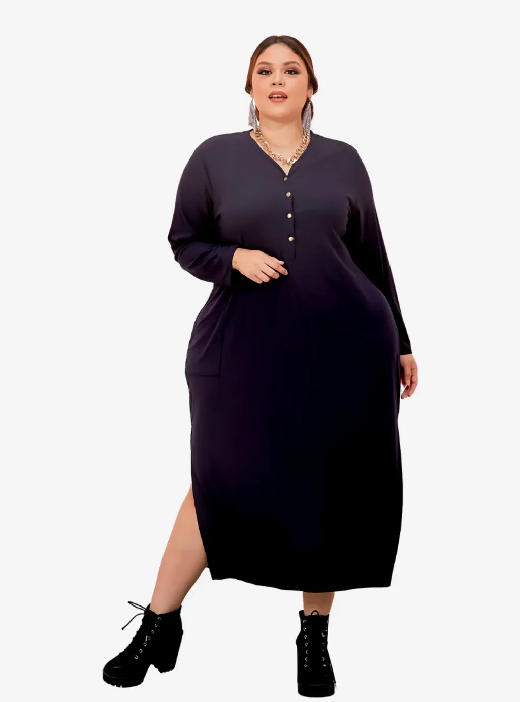 Plus Size Knitted Krishna Front Button Slit Dress