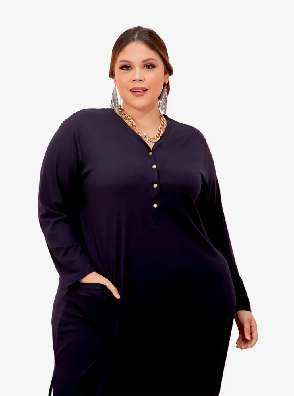 Plus Size Knitted Krishna Front Button Slit Dress