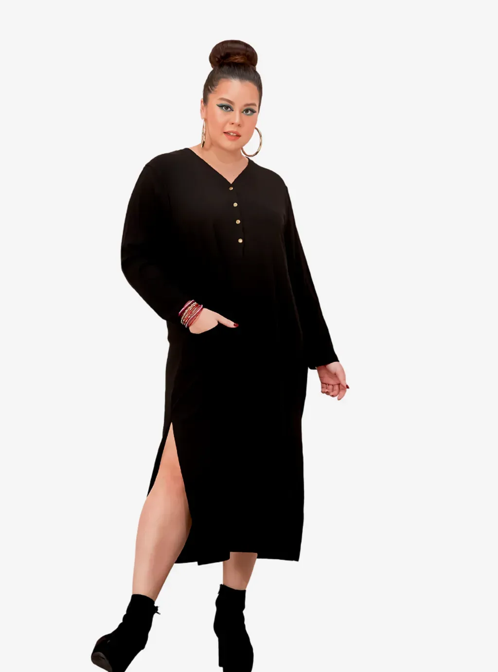 Plus Size Knitted Krishna Front Button Slit Dress