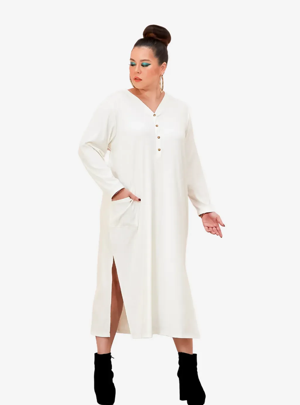 Plus Size Knitted Krishna Front Button Slit Dress