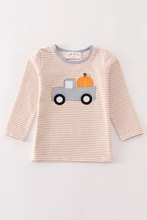 Premium Beige stripe truck pumpkin applique top