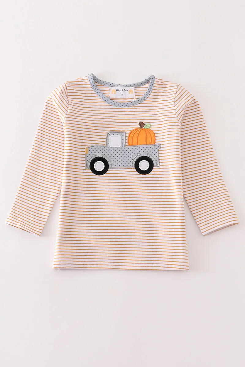 Premium Beige stripe truck pumpkin applique top