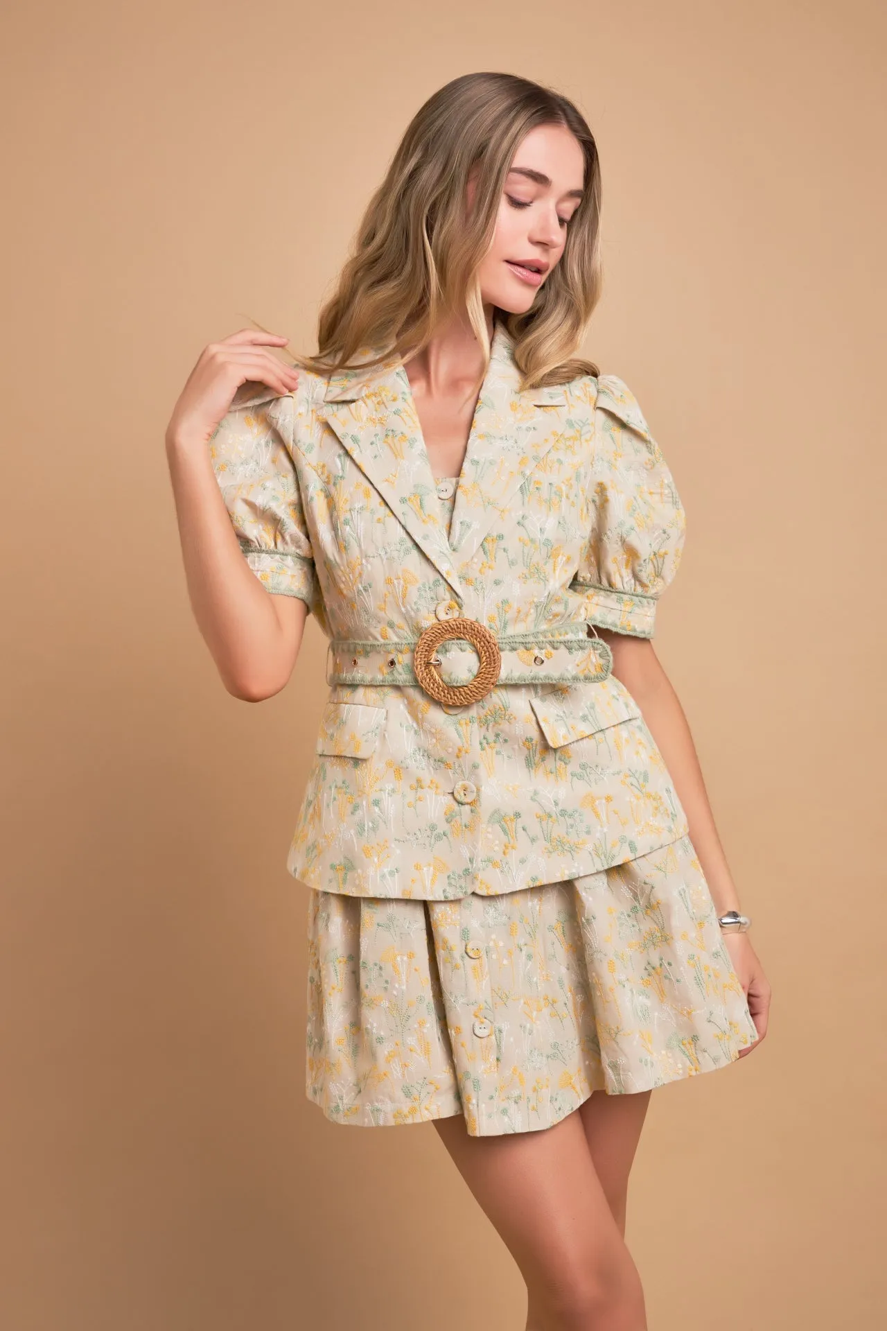 Premium Embroidered Linen Belted Short Sleeve Jacket