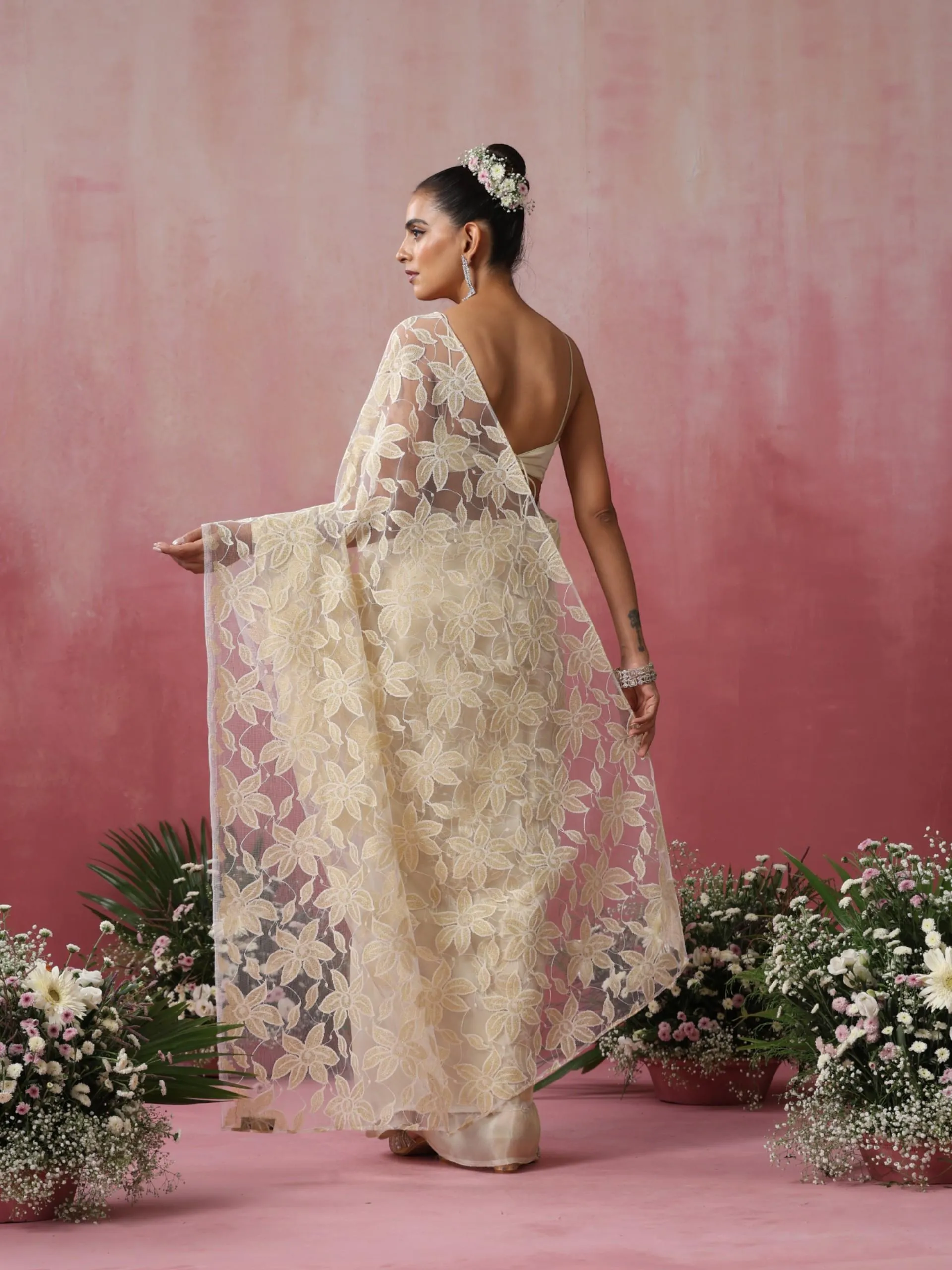 Princess Wardrobe Silk Tissue Saree with Net Flowers and Blouse Fabric