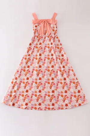 Pumpkin floral print bow women dress