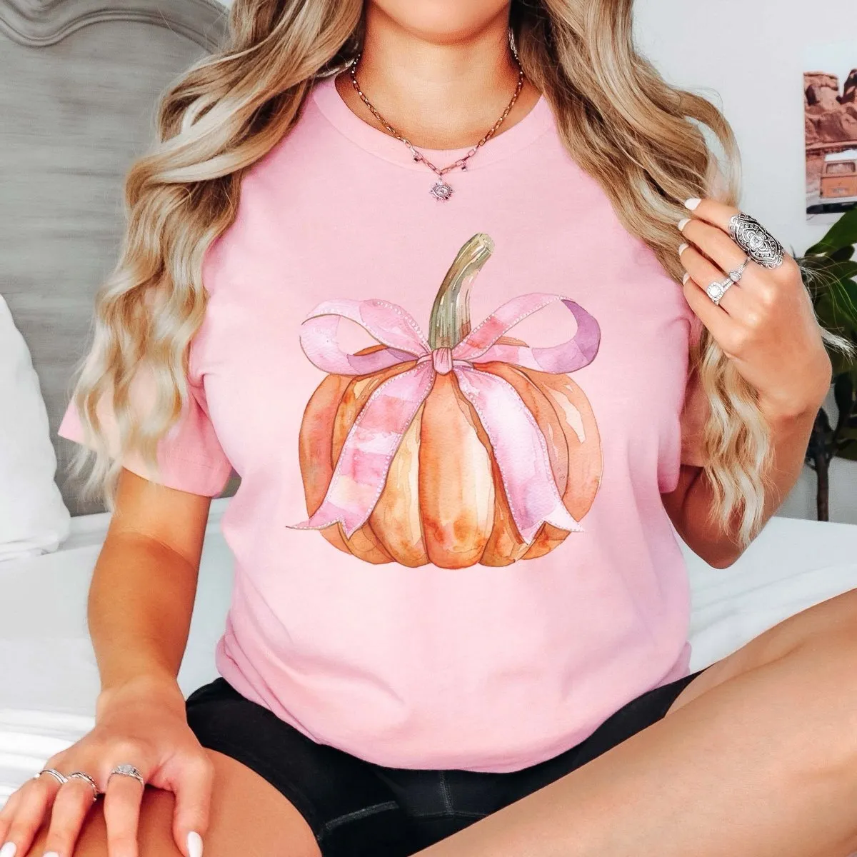 Pumpkin With Pink Bow Wholesale Bella Graphic Tee - Fast Shipping