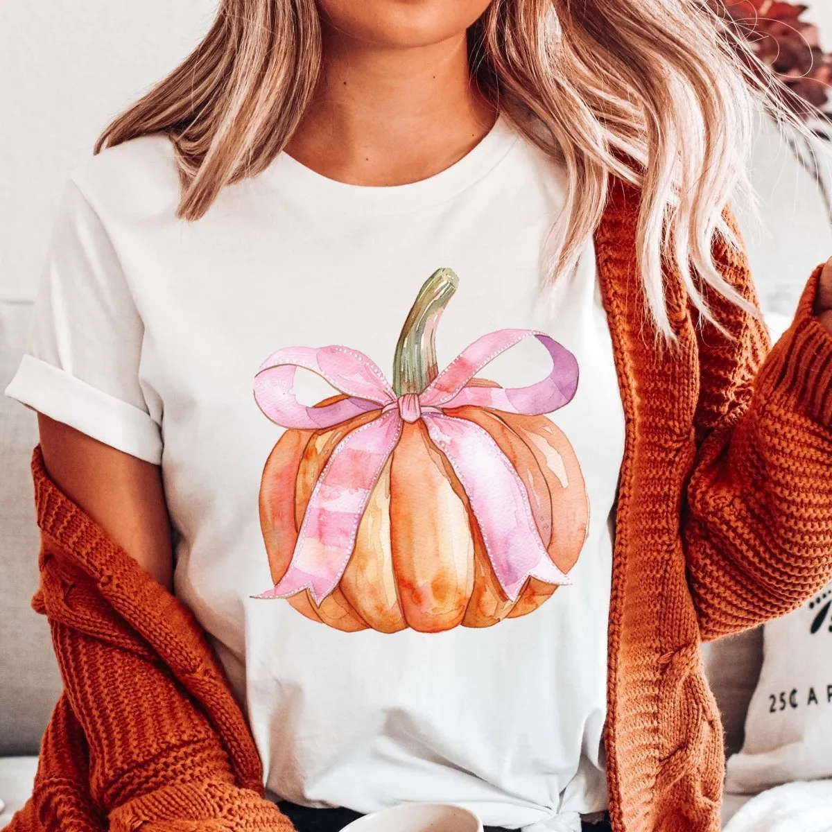 Pumpkin With Pink Bow Wholesale Bella Graphic Tee - Fast Shipping