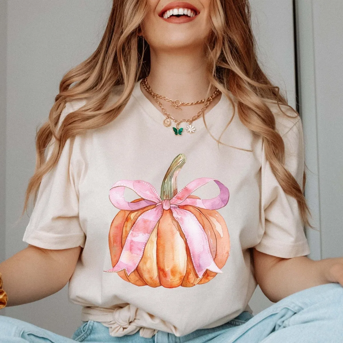 Pumpkin With Pink Bow Wholesale Bella Graphic Tee - Fast Shipping