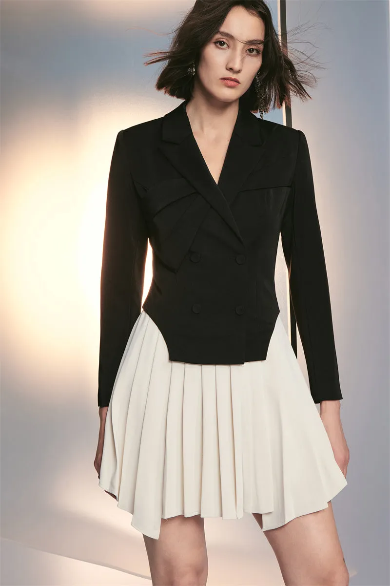 PURITY RING designer geometric short pleated contrast suit dress- Treasure