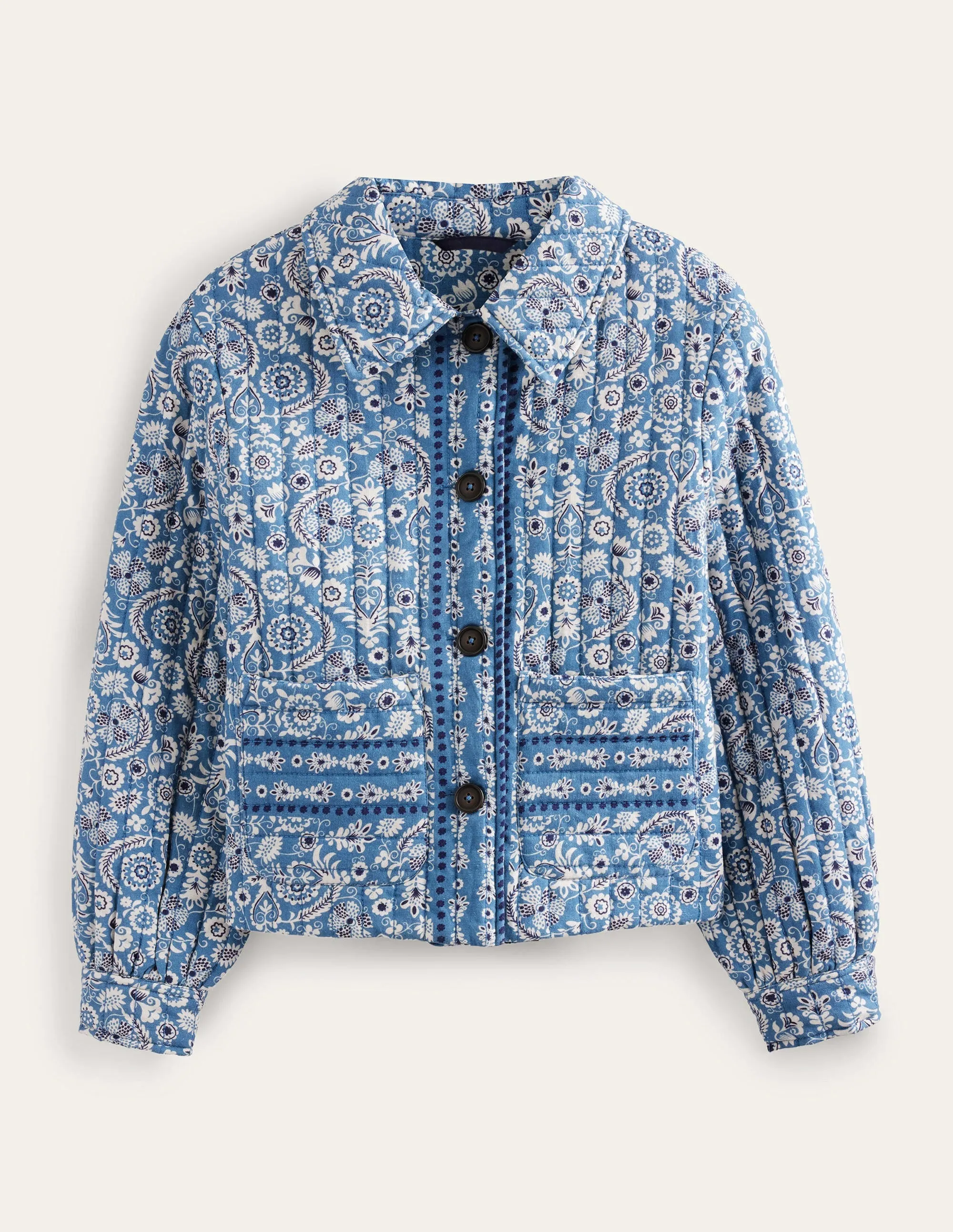 Quilted Printed Jacket-Blue Paisley Print