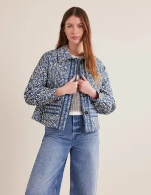 Quilted Printed Jacket-Blue Paisley Print