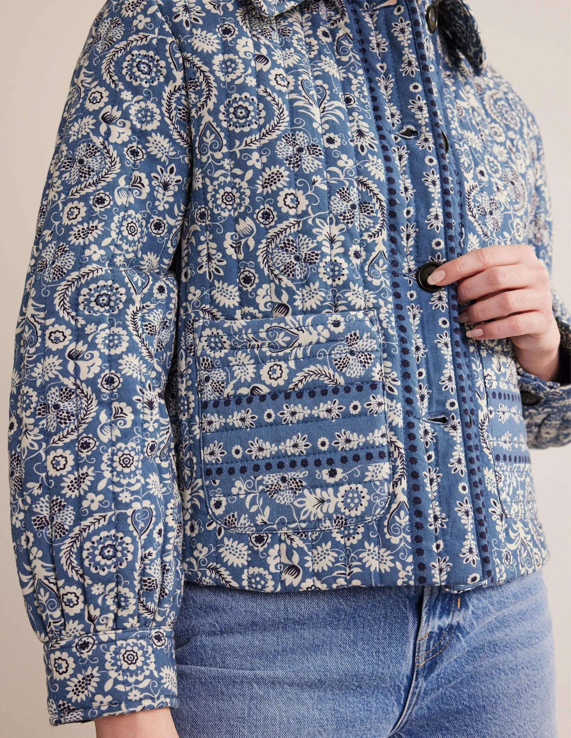 Quilted Printed Jacket-Blue Paisley Print