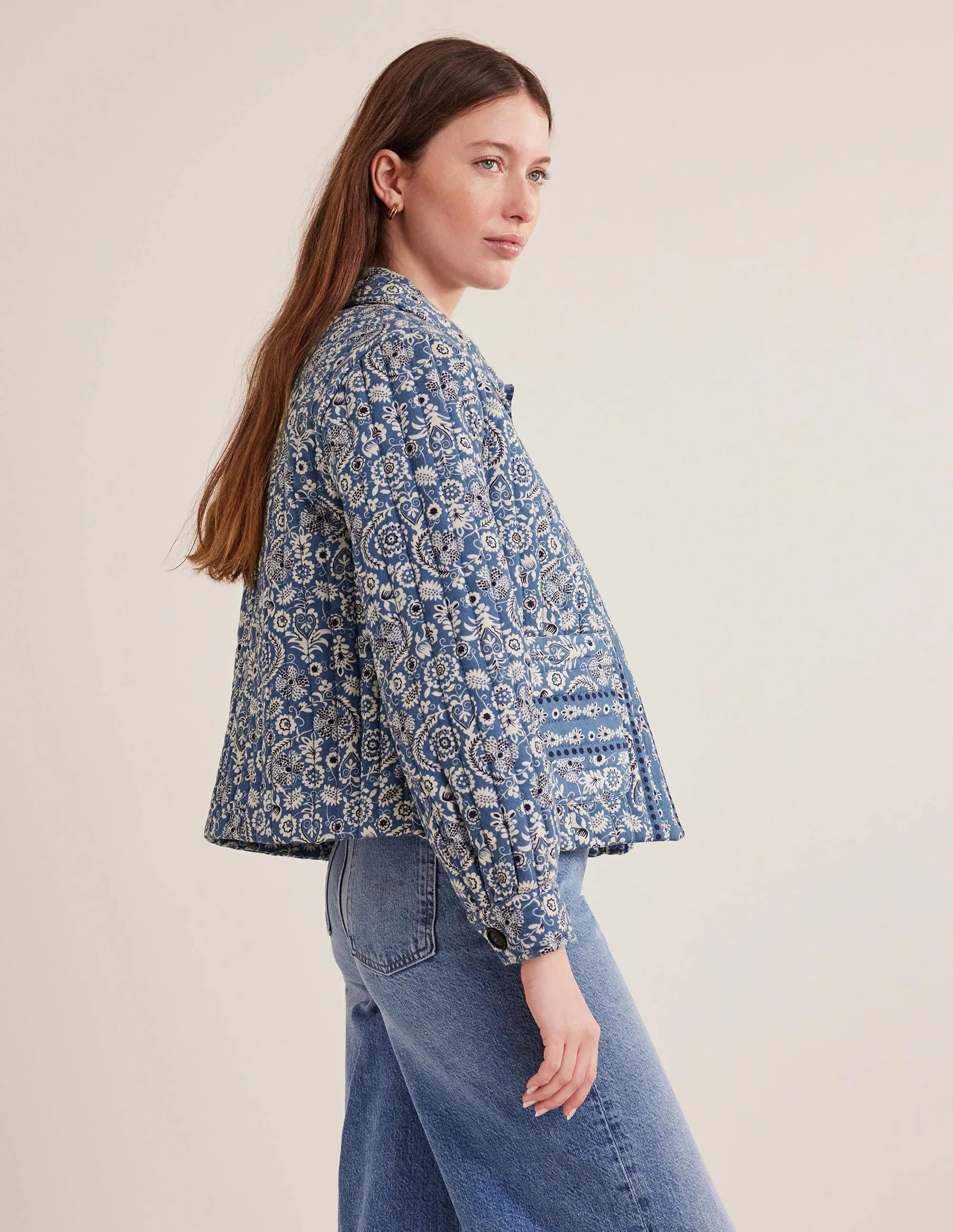 Quilted Printed Jacket-Blue Paisley Print