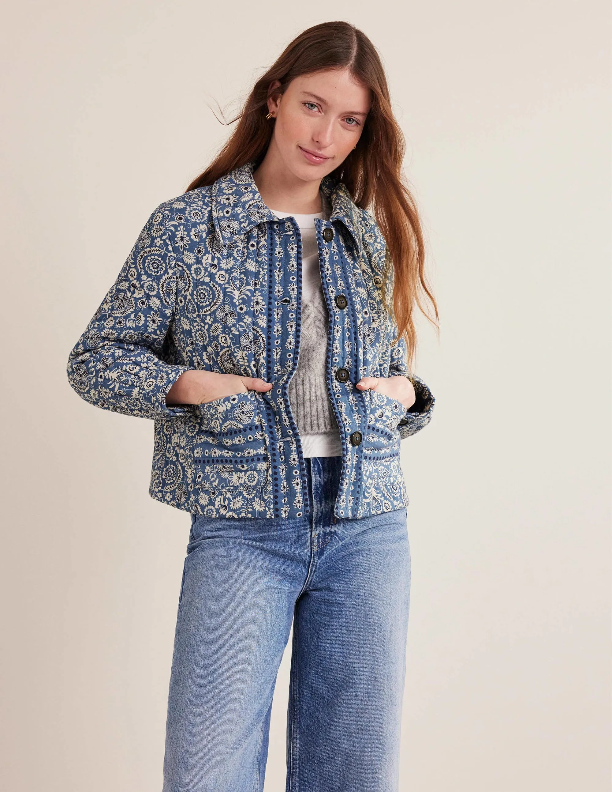 Quilted Printed Jacket-Blue Paisley Print