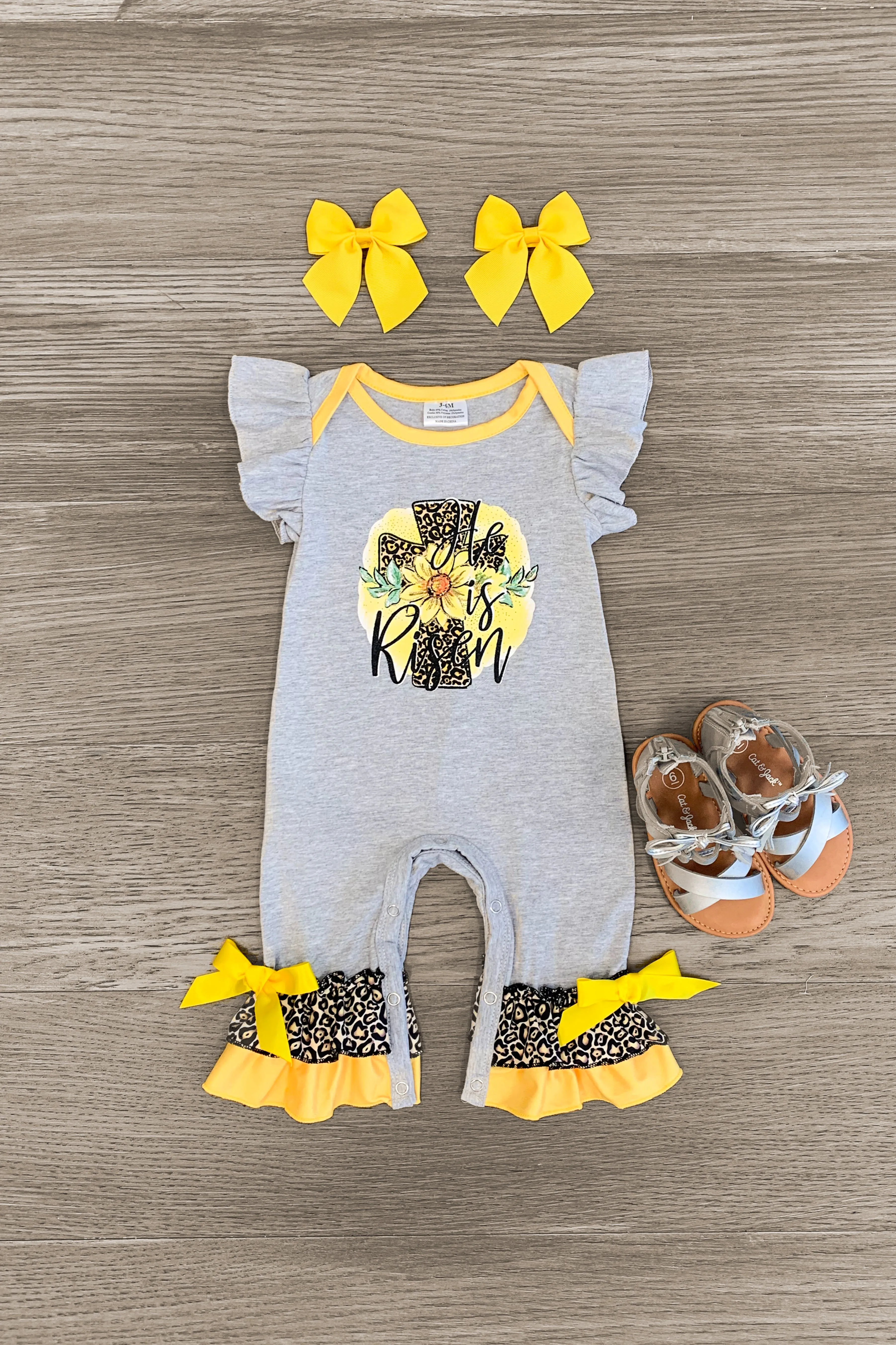 "He Is Risen" Gray & Yellow Romper