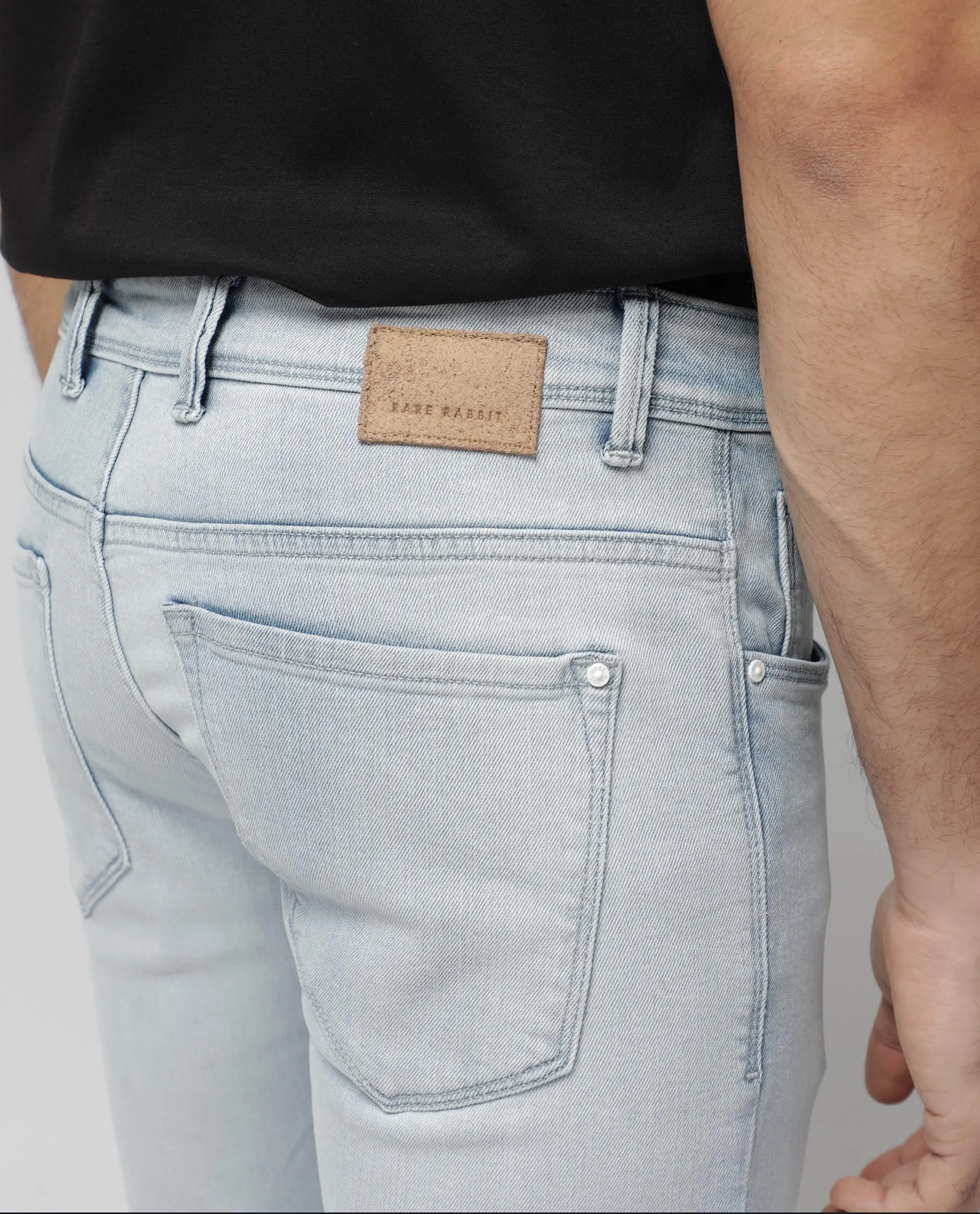 Rare Rabbit Men's Rafail Light Blue Slim Fit Mid Rise Ice Wash Jeans