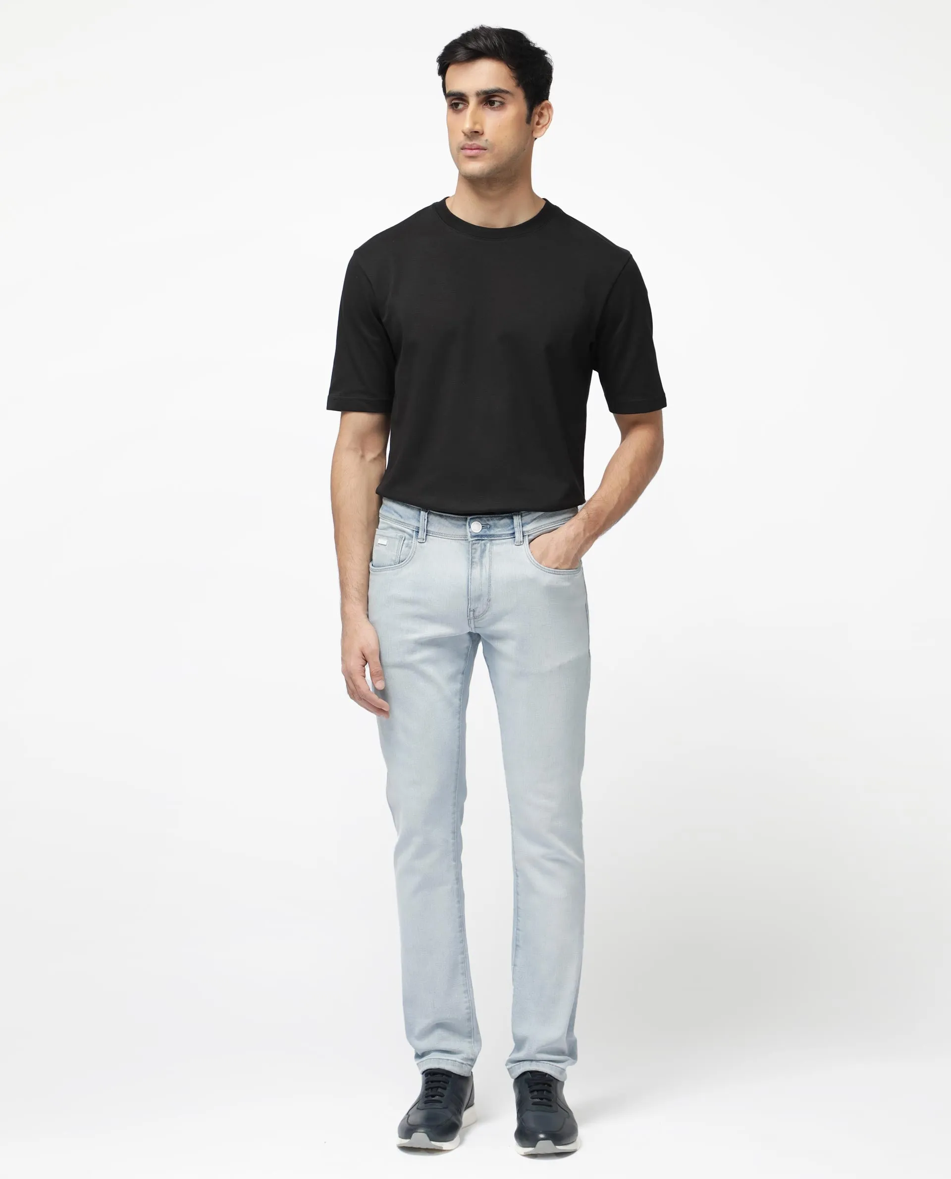 Rare Rabbit Men's Rafail Light Blue Slim Fit Mid Rise Ice Wash Jeans