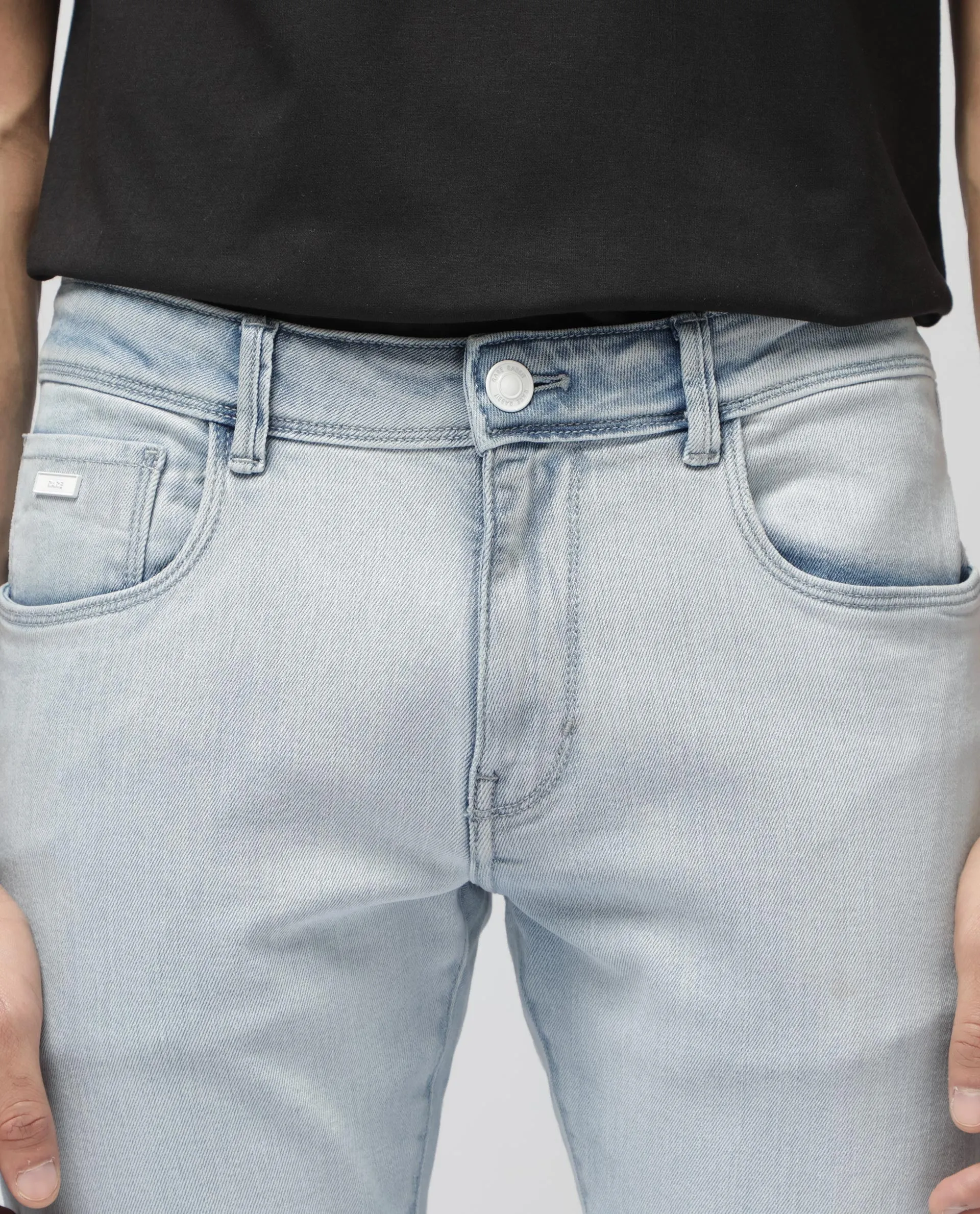Rare Rabbit Men's Rafail Light Blue Slim Fit Mid Rise Ice Wash Jeans