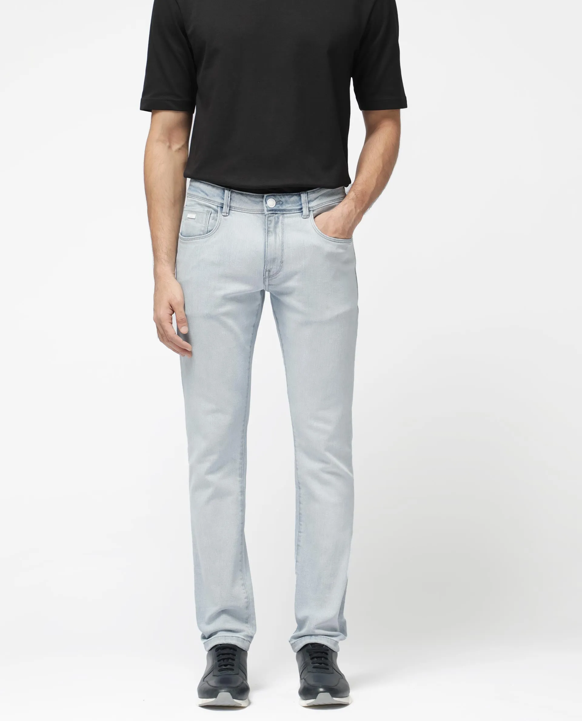 Rare Rabbit Men's Rafail Light Blue Slim Fit Mid Rise Ice Wash Jeans
