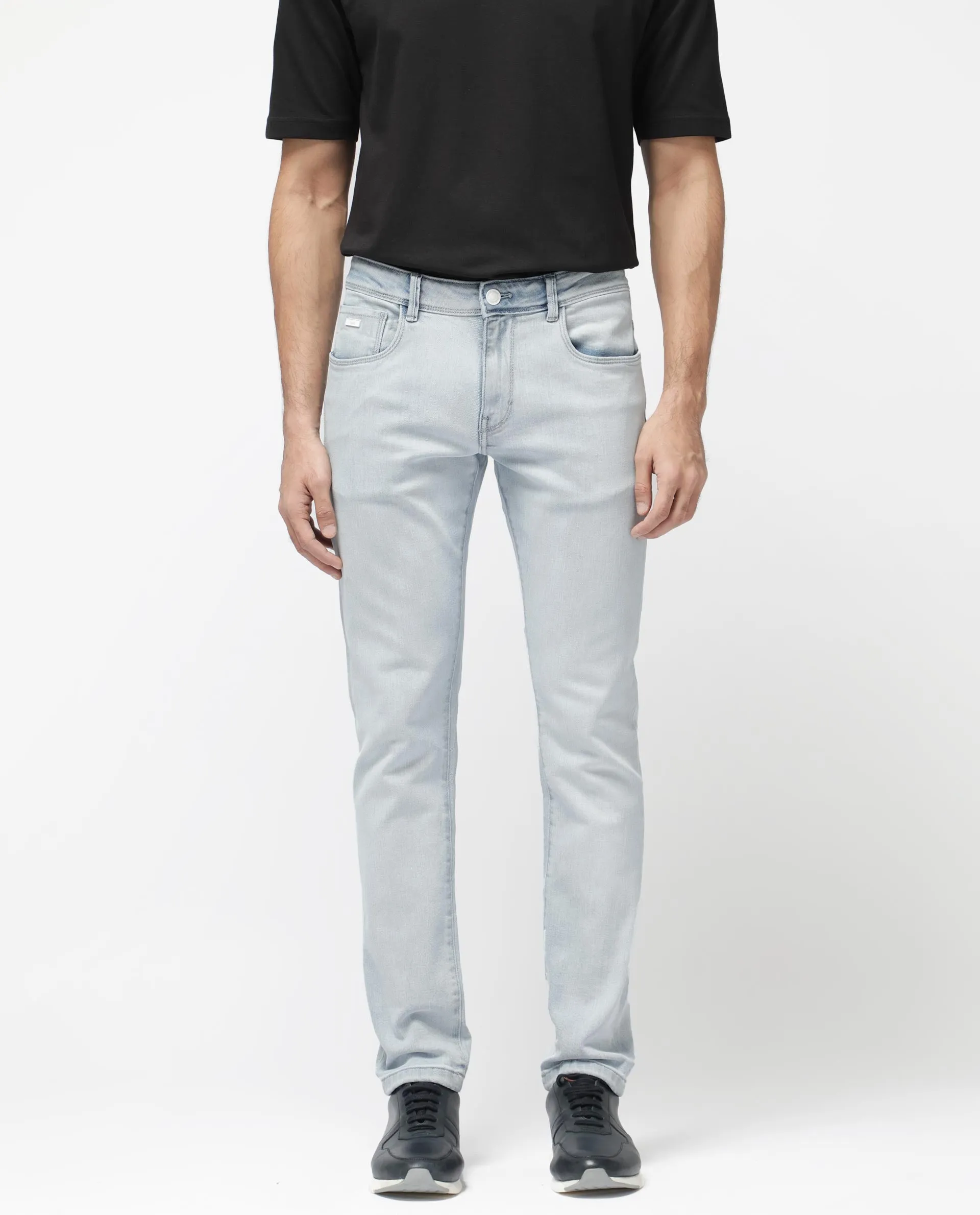 Rare Rabbit Men's Rafail Light Blue Slim Fit Mid Rise Ice Wash Jeans