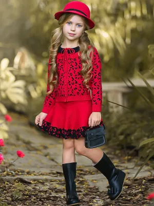 Red Leopard Collared Buttoned Cardigan and Skirt Set