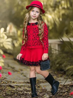 Red Leopard Collared Buttoned Cardigan and Skirt Set