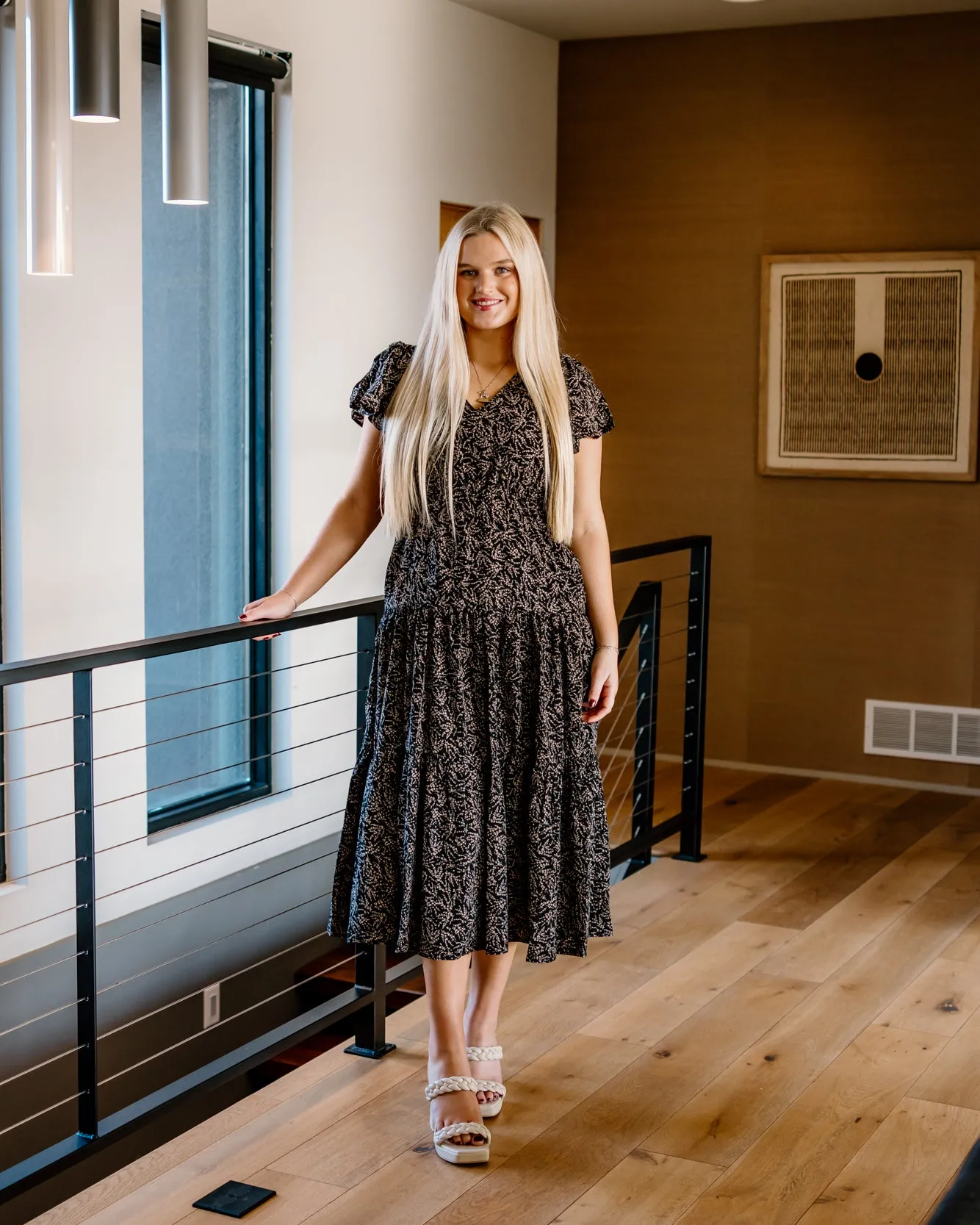 Regan Printed Midi Dress | Black/Taupe