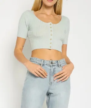 Rib Short Sleeve Button Crop Sweater