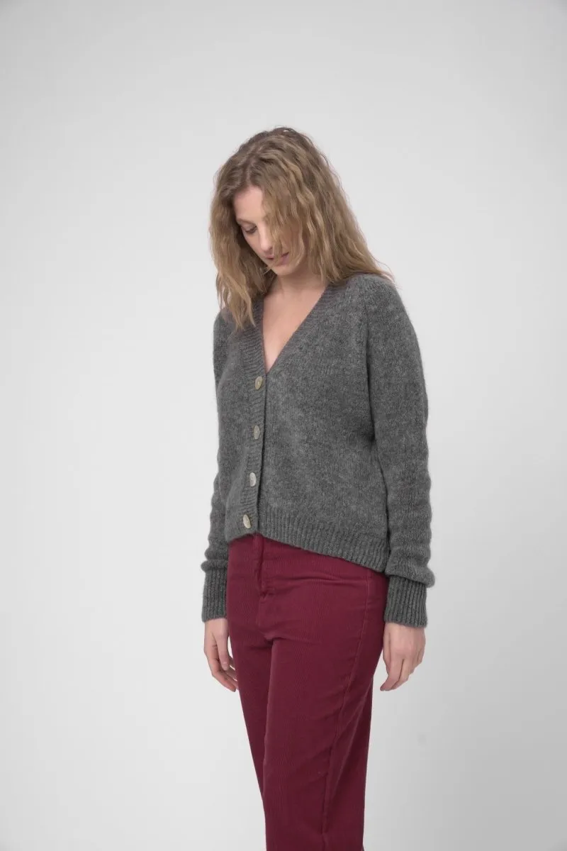 Ribbed V Neck Buttoned Sweater