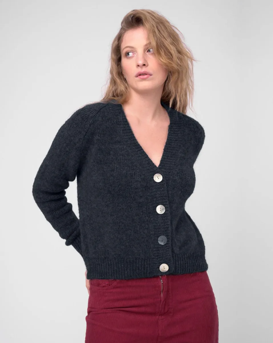 Ribbed V Neck Buttoned Sweater