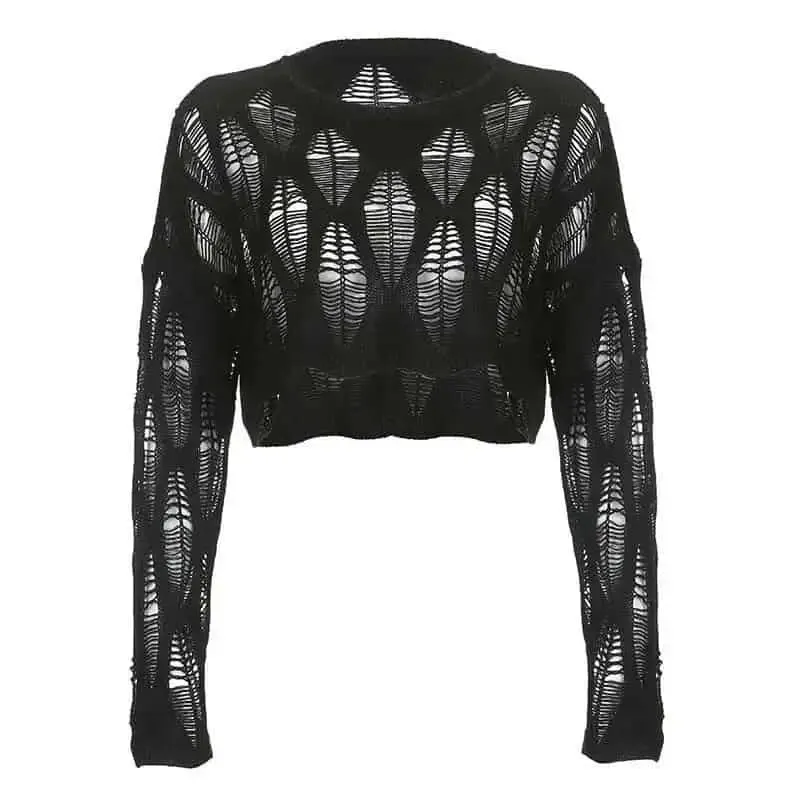 Ripped Knitted Short Sweater with Openwork Holes
