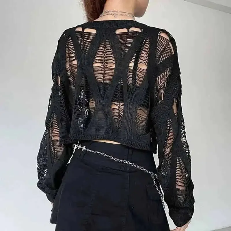 Ripped Knitted Short Sweater with Openwork Holes