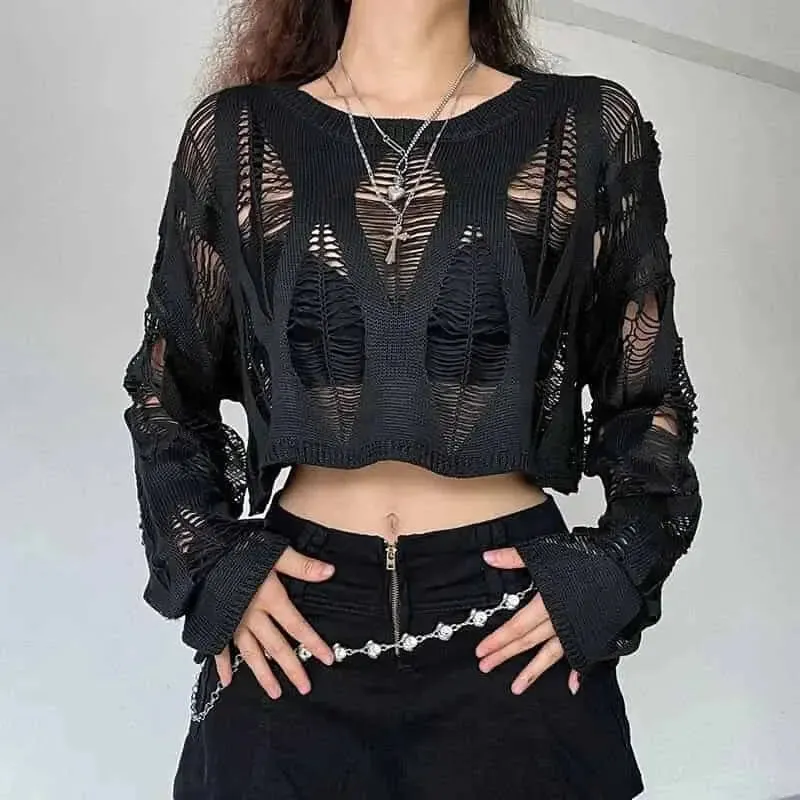 Ripped Knitted Short Sweater with Openwork Holes