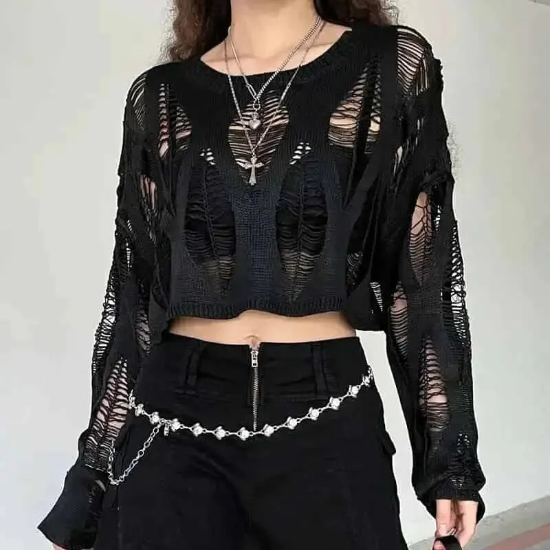 Ripped Knitted Short Sweater with Openwork Holes