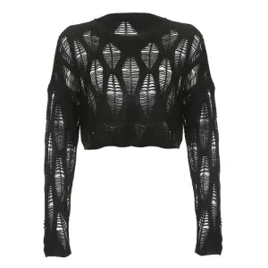 Ripped Knitted Short Sweater with Openwork Holes