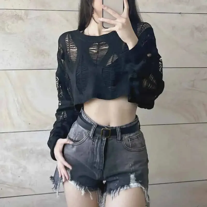 Ripped Knitted Short Sweater with Openwork Holes