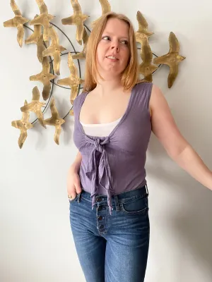 Robert Kitchen Purple White Linen Blend Tie Neckline Top - XS