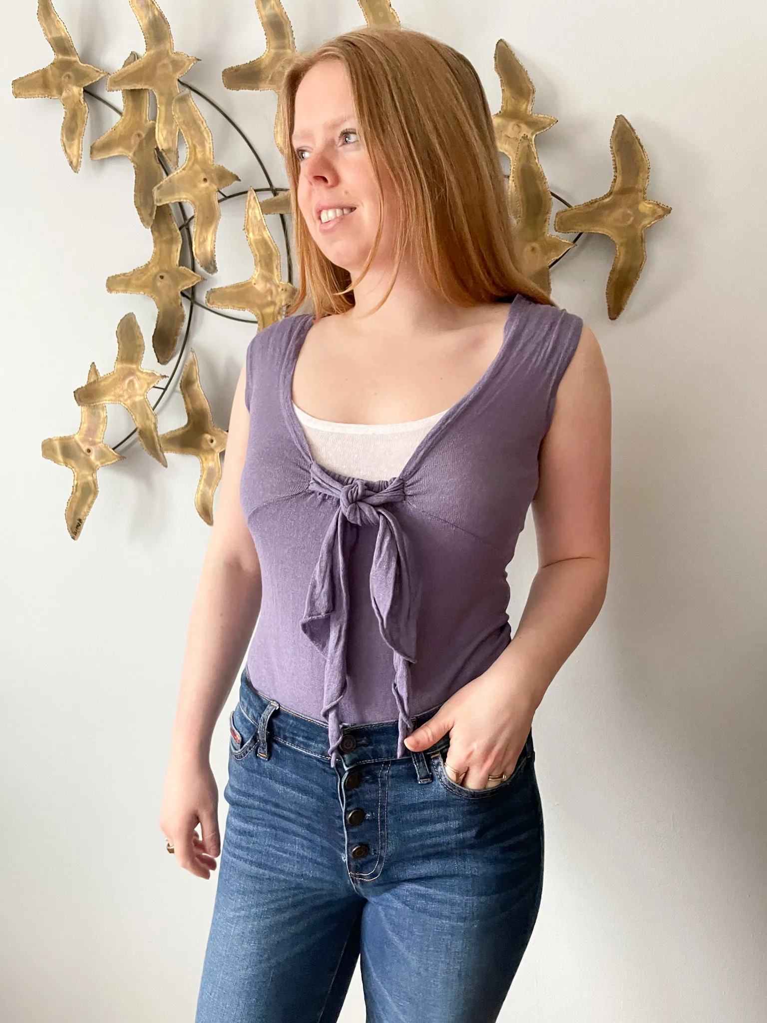 Robert Kitchen Purple White Linen Blend Tie Neckline Top - XS