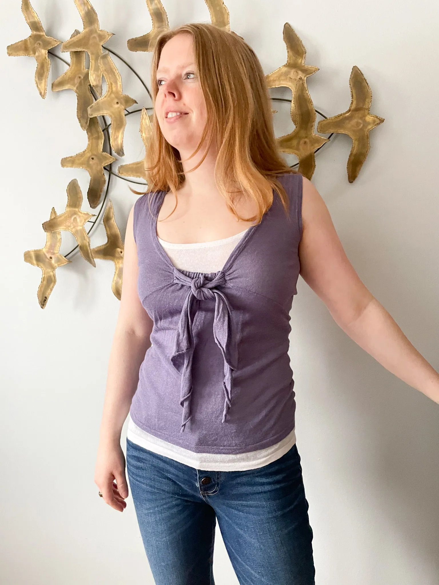 Robert Kitchen Purple White Linen Blend Tie Neckline Top - XS