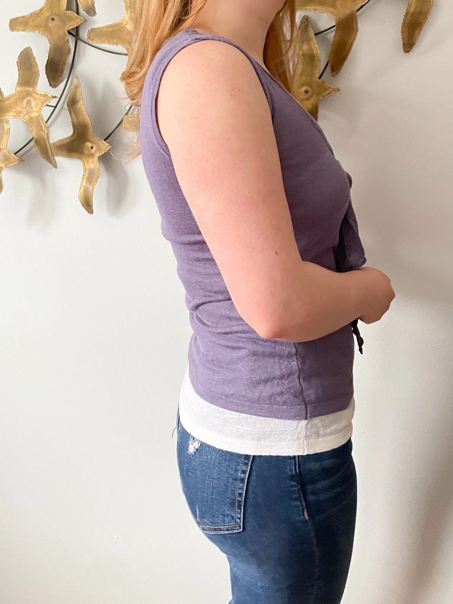 Robert Kitchen Purple White Linen Blend Tie Neckline Top - XS