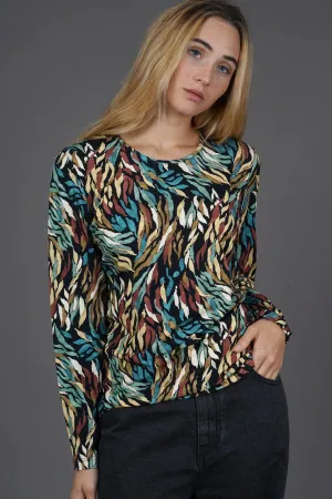 Round neck printed top with long sleeve. Blue Pink Or Tan51704 A24