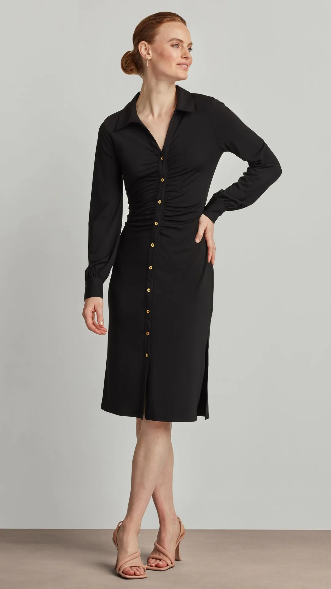 RUCHED SLEEVE BUTTON FRONT DRESS