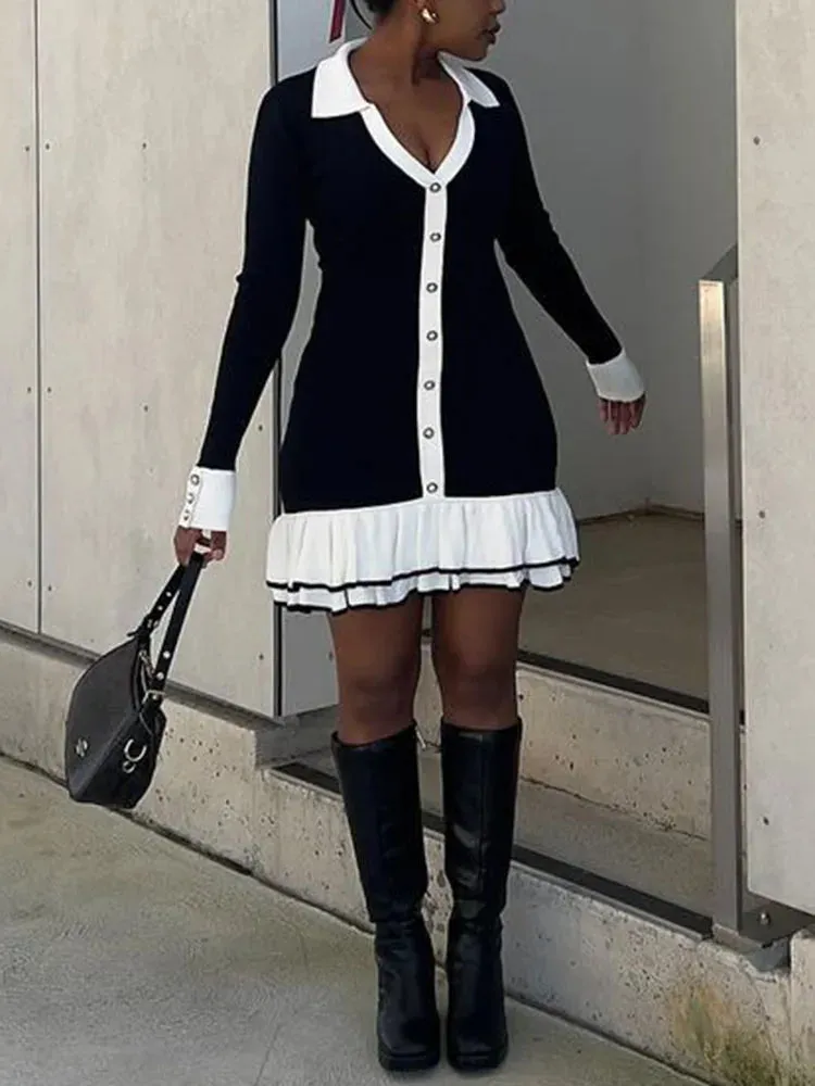 Ruffled Contrast Bow Open Back Lace-Up Knit Mini Dress