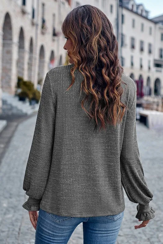 Ruffled Cuffs Ribbed Long Sleeve Top